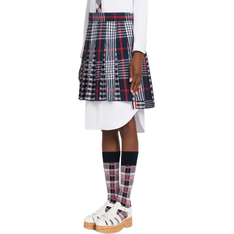 THOM BROWNE Checked Pleated Asymmetrical Skirt-4
