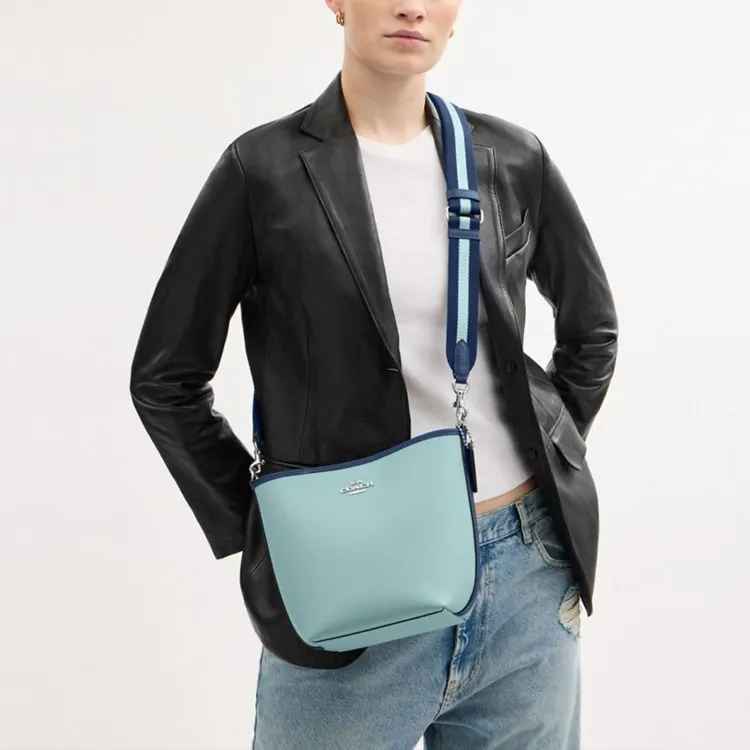 COACH City Double Sided Pebbled Leather Bucket Bags Crossbody Bag, Shoulder Bag Trumpets Women's Light Blue & Dark Blue-5