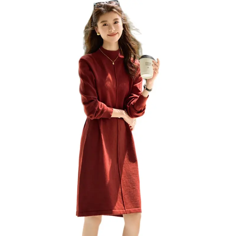 Mo Han Yi Mei Long Sleeved Dress Women's Maroon-3