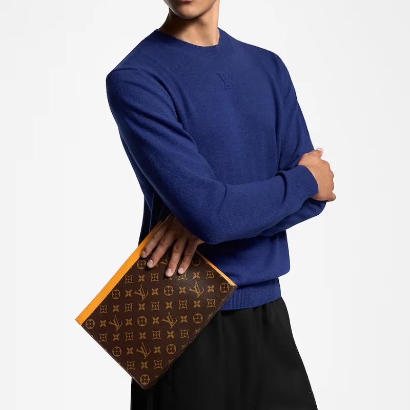 LOUIS VUITTON Pochette Voyage Leather Trim Clutch Regular Men's Yellow & Brown-4