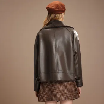 FENHONGMALI Leather Jacket Women's Cocoa Brown/Coffee