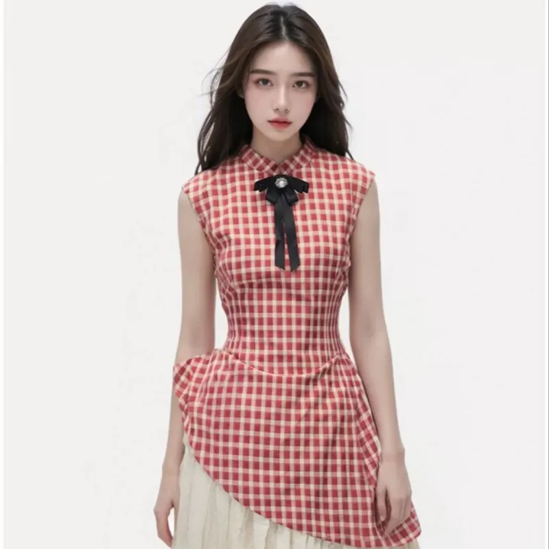SONDR Sleeveless Dress Women's Red Plaid Stripes-3