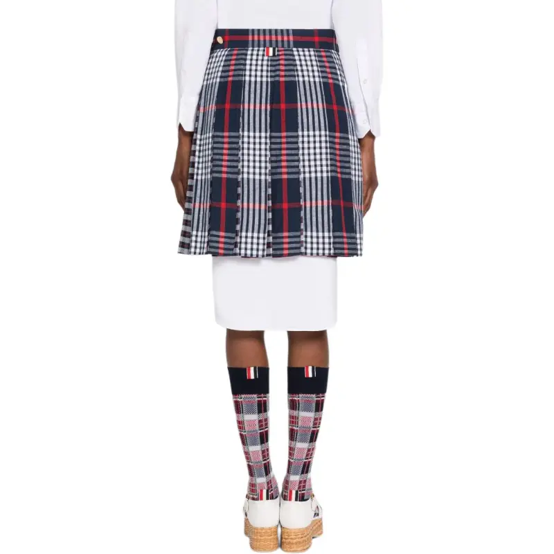 THOM BROWNE Checked Pleated Asymmetrical Skirt-3