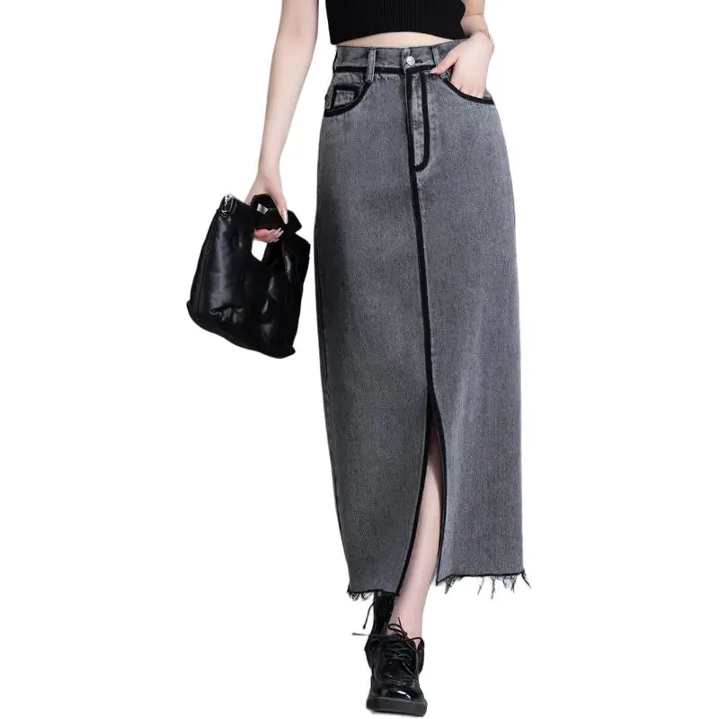 You Cow Me Pants Denim Long Skirts Women's Gray-9