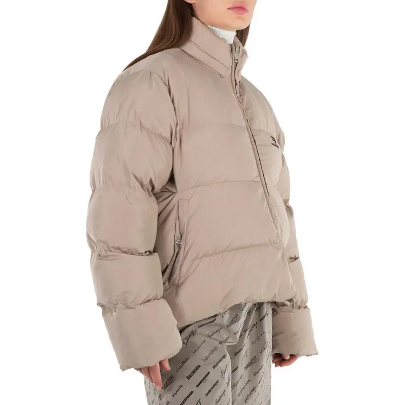 Balenciaga Logo Printed Zip Up Puffer Jacket 'Beige'-5
