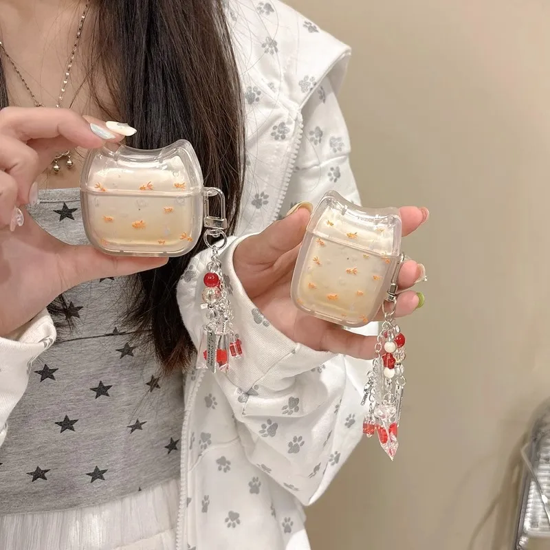 Wei Xin Compatibility Apple AirPods 4/2/3, AirPods Pro, And AirPods Pro 2. TPU Blended Goldfish Pendant Headphone Cases-1