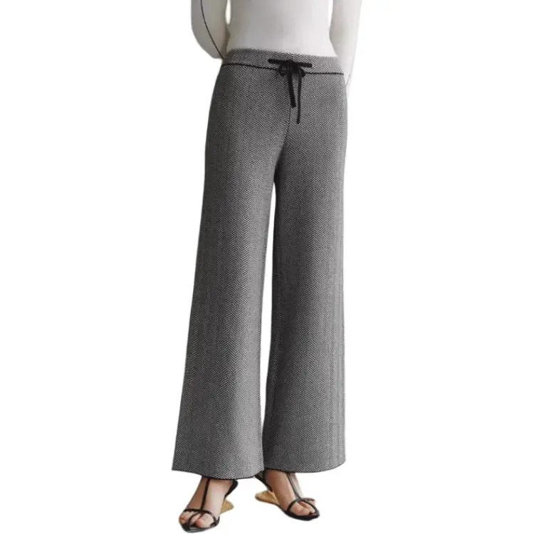 YANGZHIDAO Casual Pants Women's Black White Herringbone-3