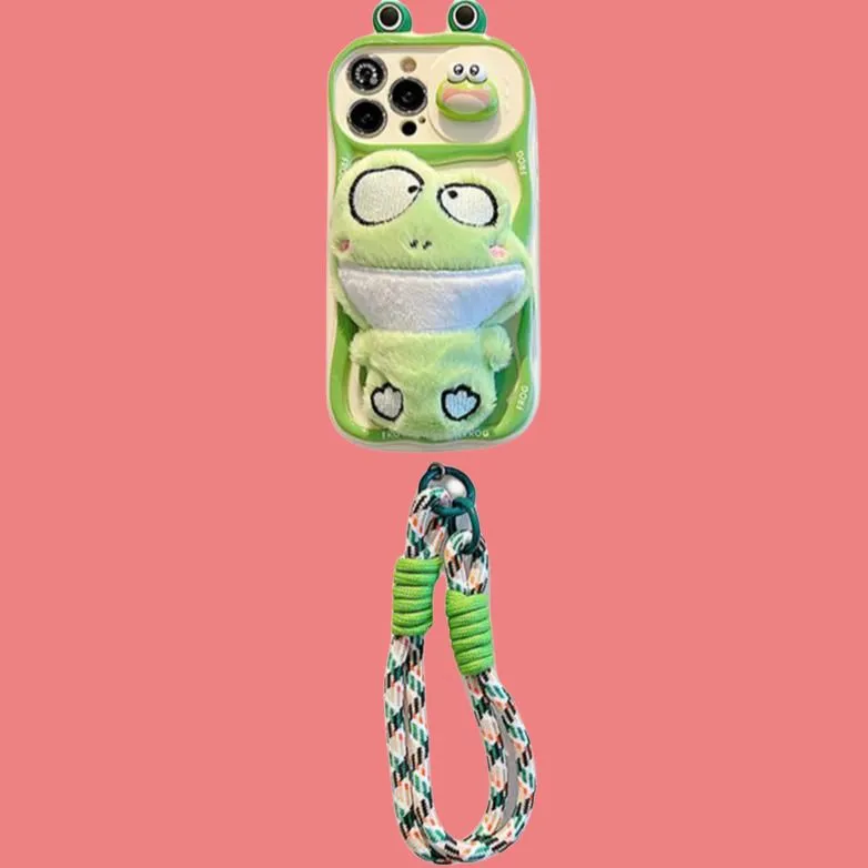 Sopi TPU Material Push Window Green Plush Frog Phone Cases Compatible With IPhone 16/15 Pro Max/Apple 13/14 Pro Max/12-1