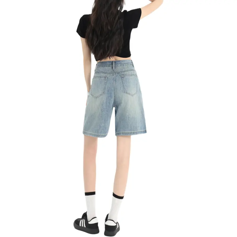 Wen Shan Denim Shorts Women's Light Blue Knee Length Pants-1