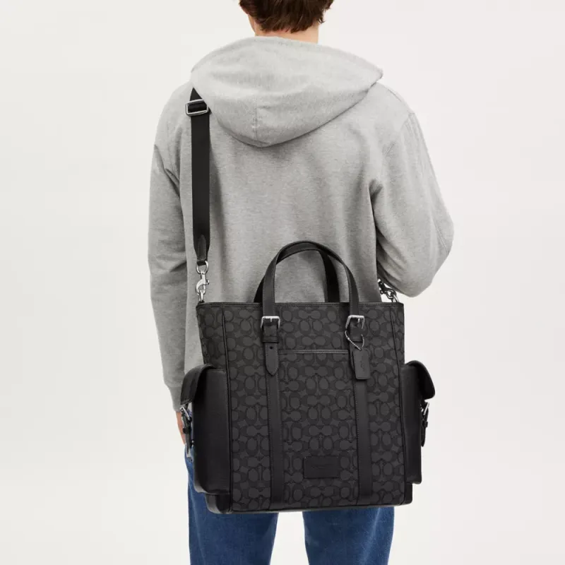 COACH Sprint Iconic Jacquard Shoulder Bag, Crossbody Bag, Handbag Tubas Men's Silver & Charcoal Gray & Black-4