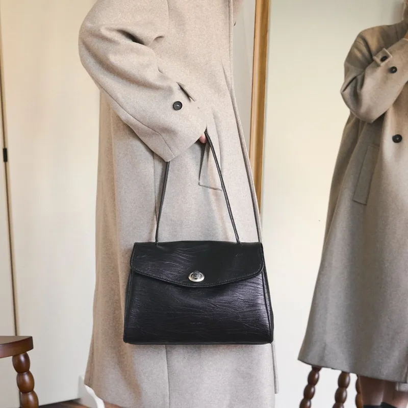 Simedin Cow Leather Crossbody Bags Shoulder Bags Large Size Women's Deep Black/Antique Silver-3