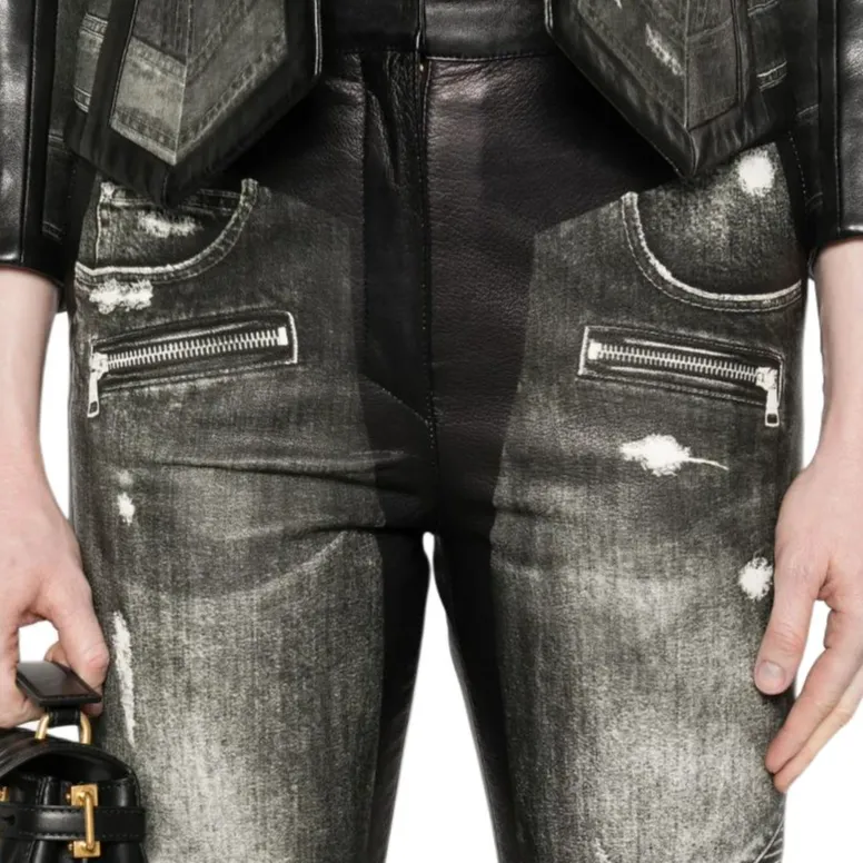 BALMAIN Denim print Leather Trousers-4