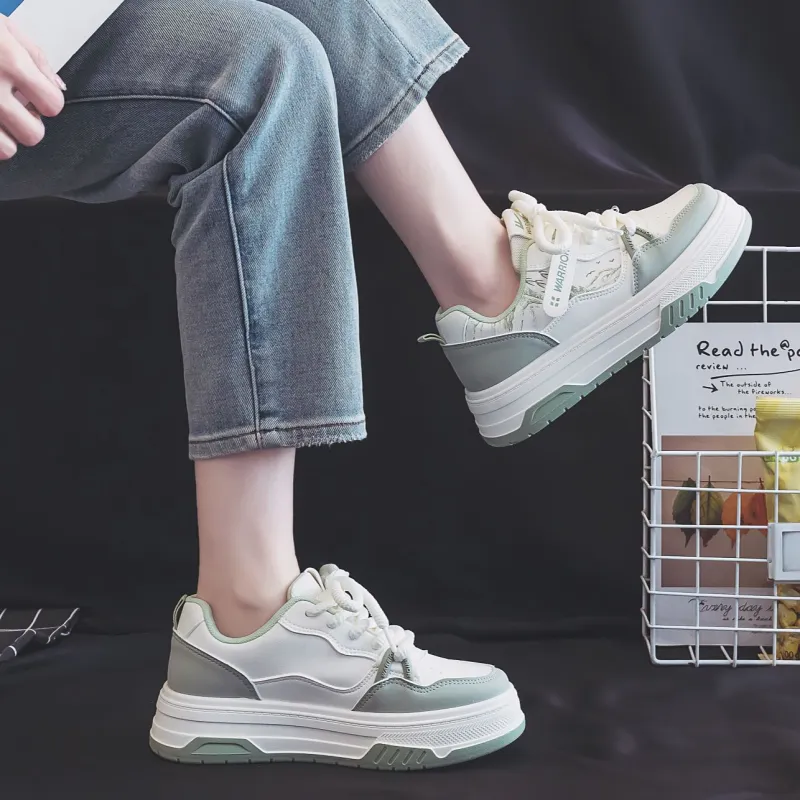 Warrior Abrasion Resistant Height Increasing Low Top Skateboard Shoes Women's Beige Green-4