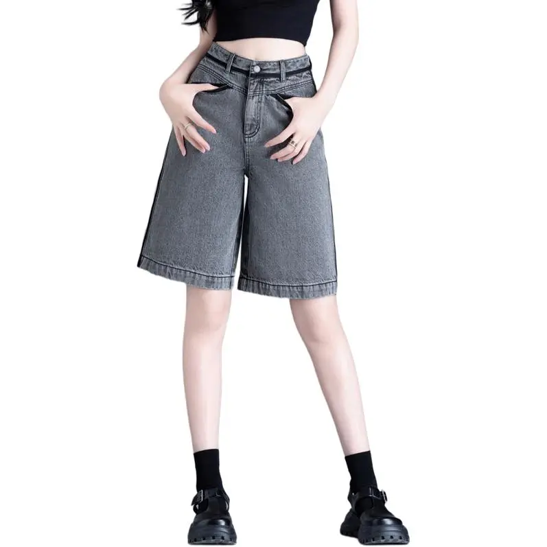 You Cow Me Pants Denim Shorts Women's Gray-2