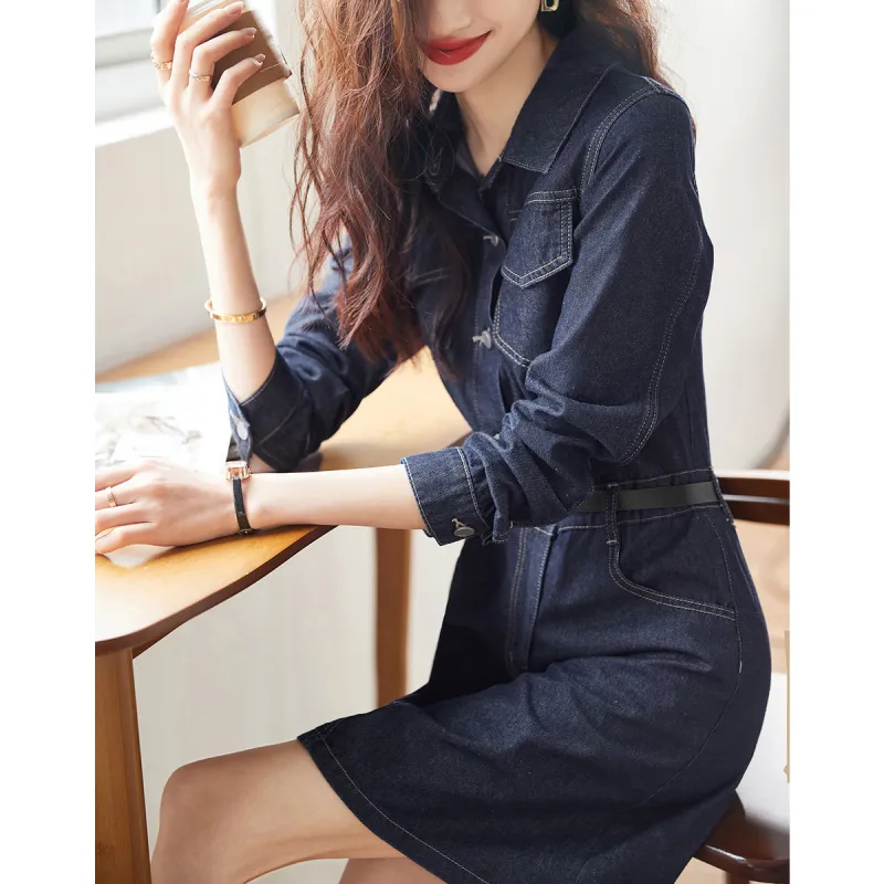 Mo Han Yi Mei Long Sleeved Dress Women's Denim Blue-2