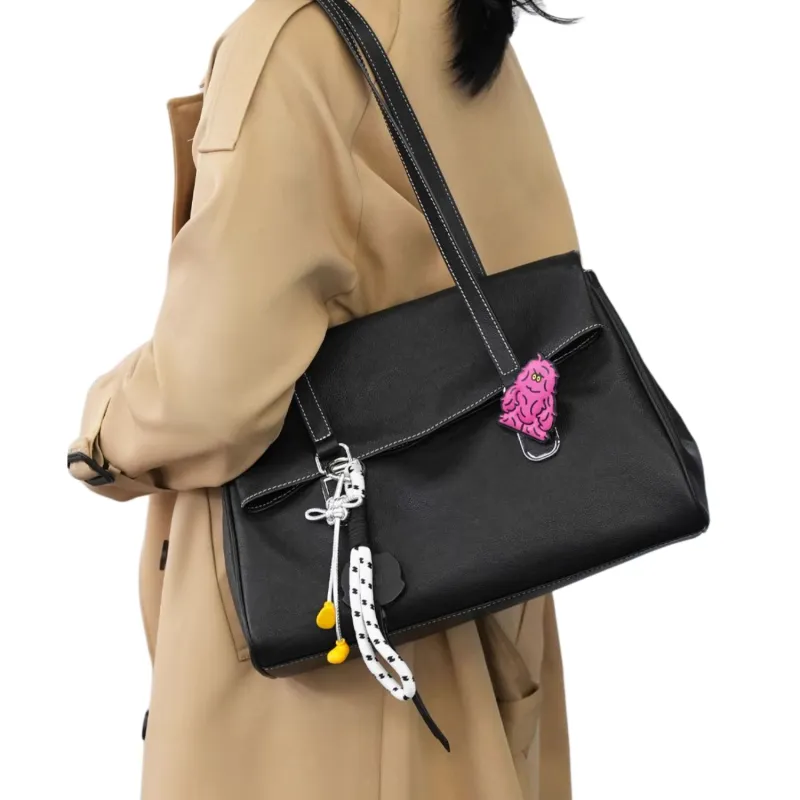 FION Cow Leather Tote Bag Shopping Bag Handbag Shoulder Bag Large Size Women's Classic Black/Caramel Brown-3