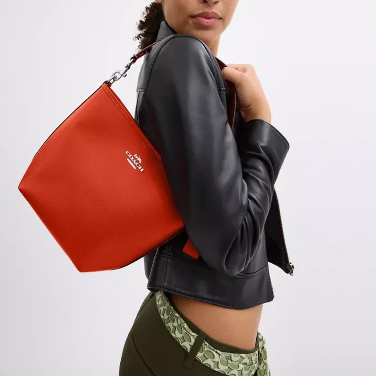 COACH City Double-Sided Leather Bucket Bag Portable Crossbody Bag Shoulder Bag Small Size Women's Dark Orange Color-3