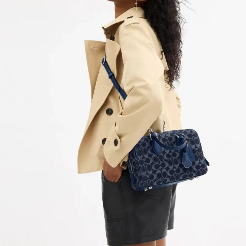 COACH Bowery Denim With Calfskin Shoulder Bag, Crossbody Bag, Handbag Medium Size Women's Dark Blue-2