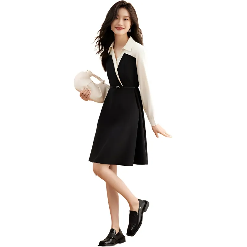 Mo Han Yi Mei Long Sleeved Dress Women's Black White-3