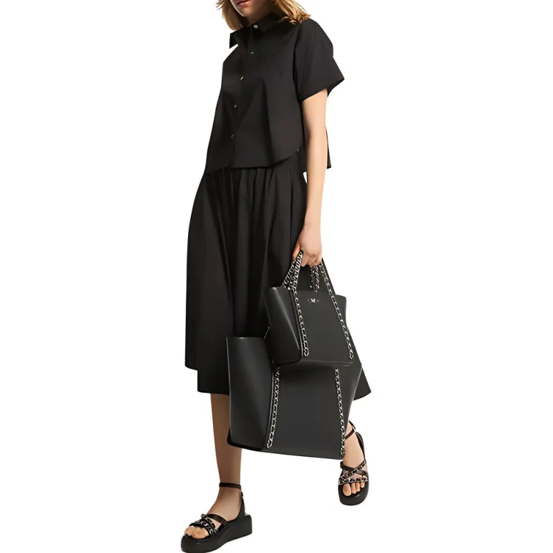 MICHAEL KORS Stretch Organic Poplin Handkerchief Midi Skirt Short-Sleeved Dresses Women's Black-1