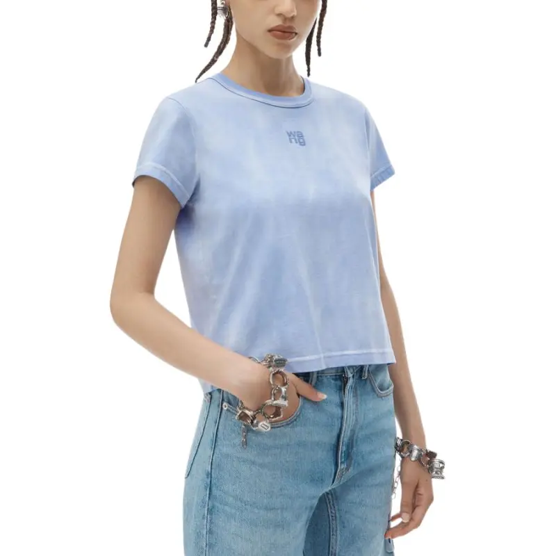 T By Alexander Wang Essential Jsy Shrunk W/Puff Logo & Bound Neck Tee Washed Pale Blue-3