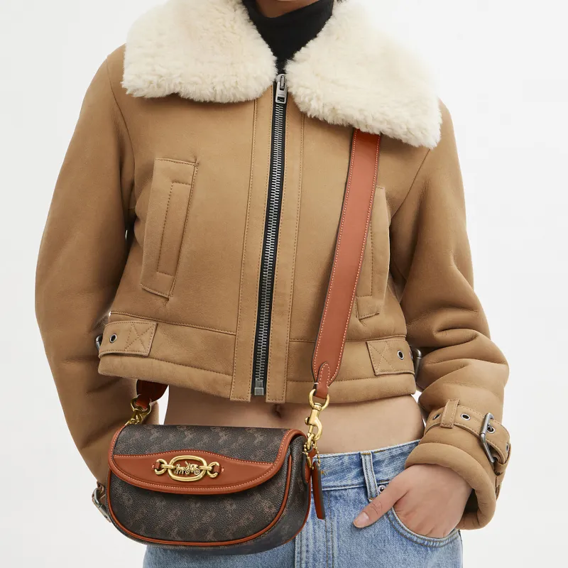 COACH Harley Canvas With Leather Saddle Bag Handbag Shoulder Bag Crossbody Bag Medium Size Women's Coffee & Brown-5