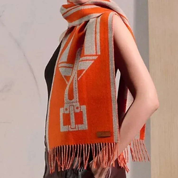 HERMES Cashmere Knit Scarves Women's Orange-2