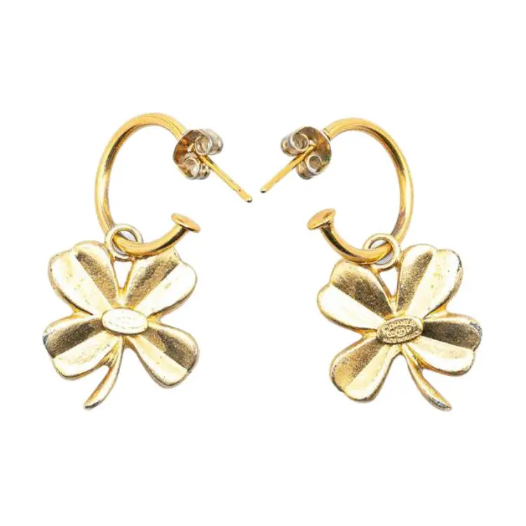 CHANEL 2003 Plated Clover Hoop Push Back Earrings Costume Earrings-1