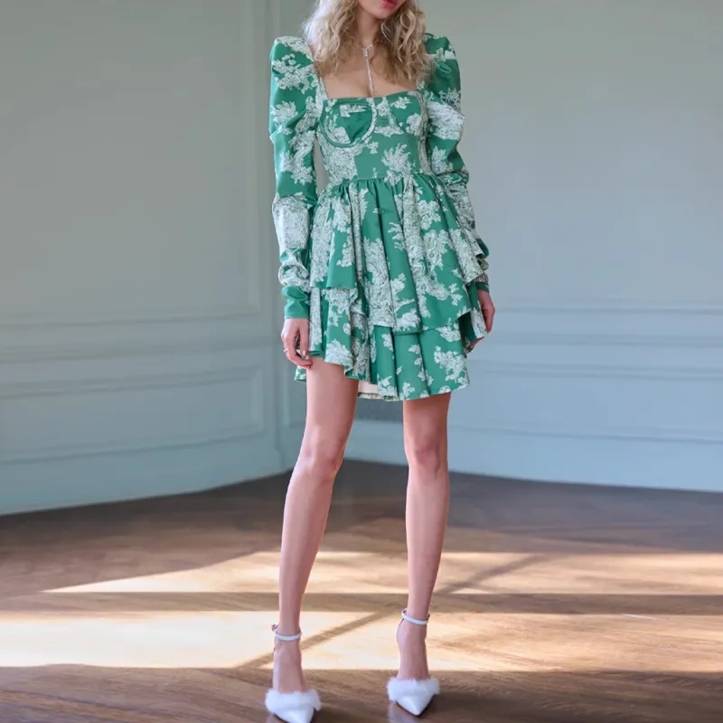 Selkie Collection FW24 Long Sleeved Dresses Women's CEDAR TOILE Green Pastoral Life Print-2