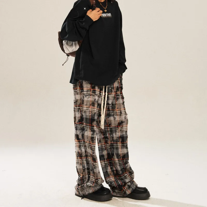 NSTNEW START Casual Pants Unisex Dark Gray Brown Plaid-4