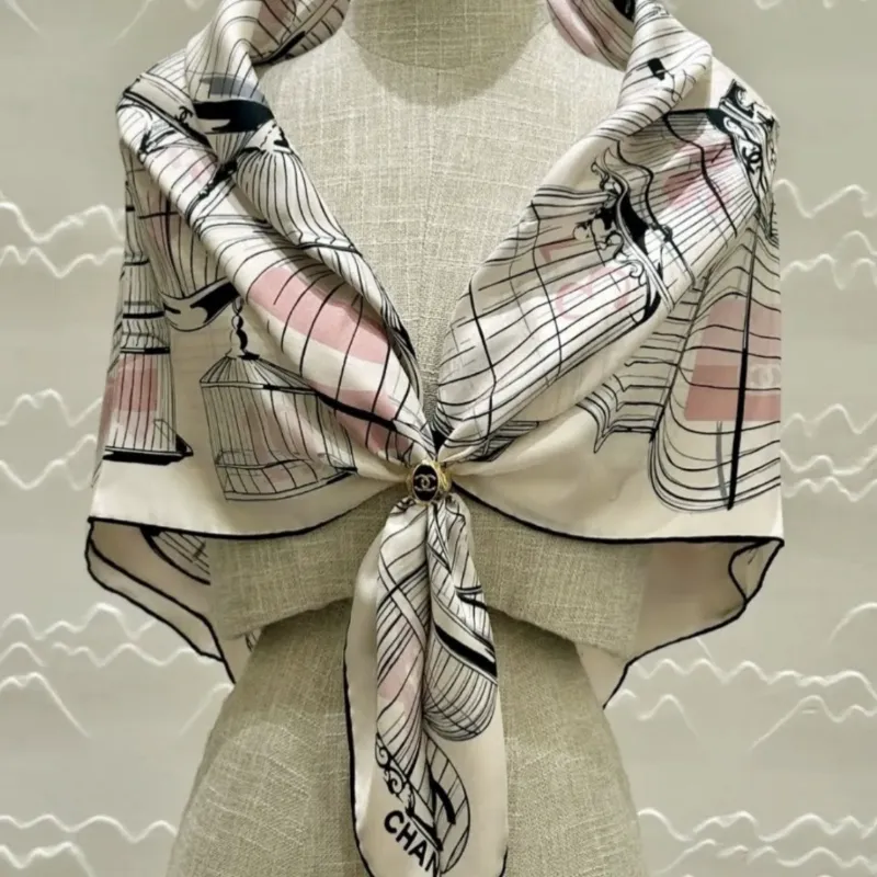 CHANEL Twill Silk Scarves Unisex Light Pink/Pink/Black-2