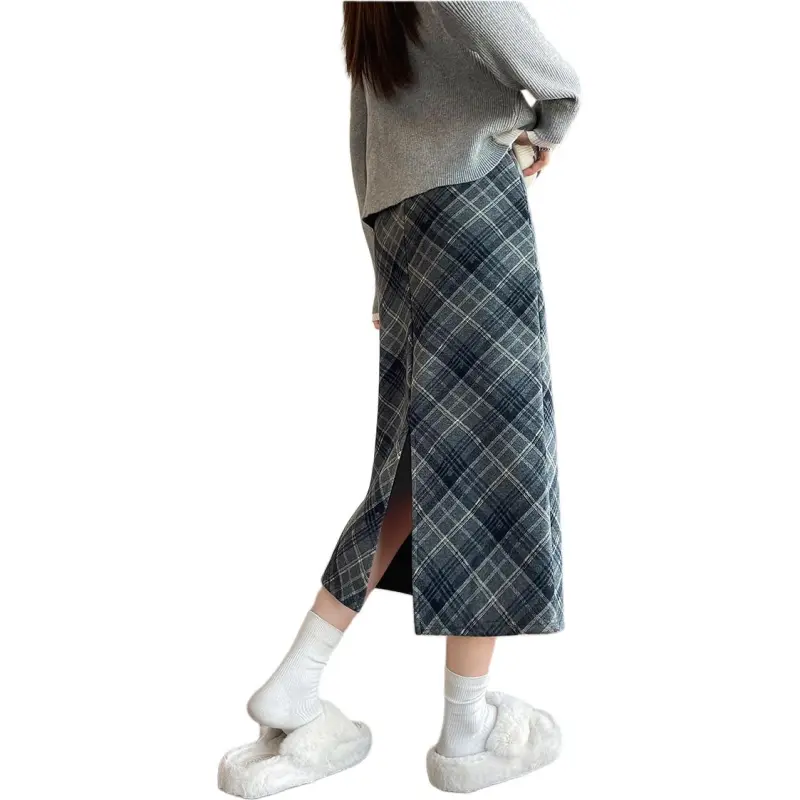 MM Casual Long Skirts Women's Blue Plaid-5