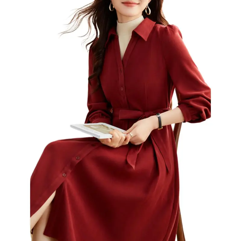 【dme】 Long Sleeved Dress Women's Sauce Red-2