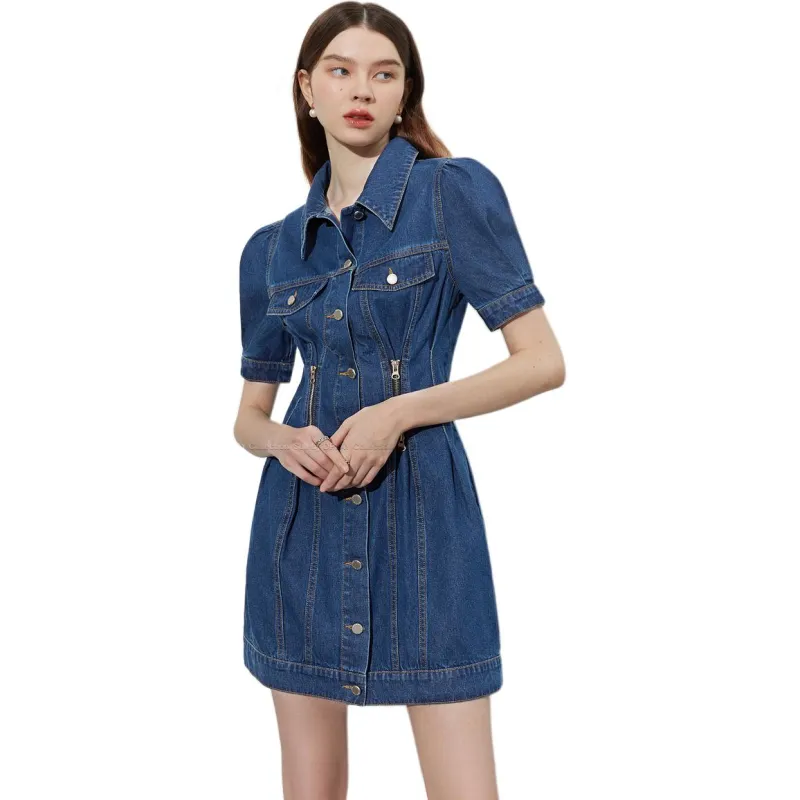 DPLAY Short Sleeved Dress Women's Dark Denim Blue-3