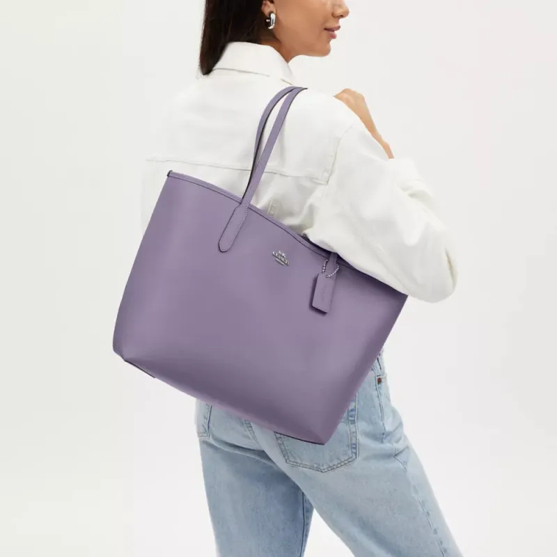 COACH City Leather Tote Bag, Shopping Bag, Shoulder Bag, Handbag Large Size Women's Silver & Light Purple-3