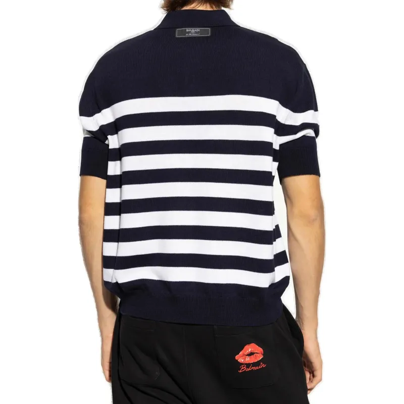 BALMAIN Logo Patch Striped Polo Shirt-2