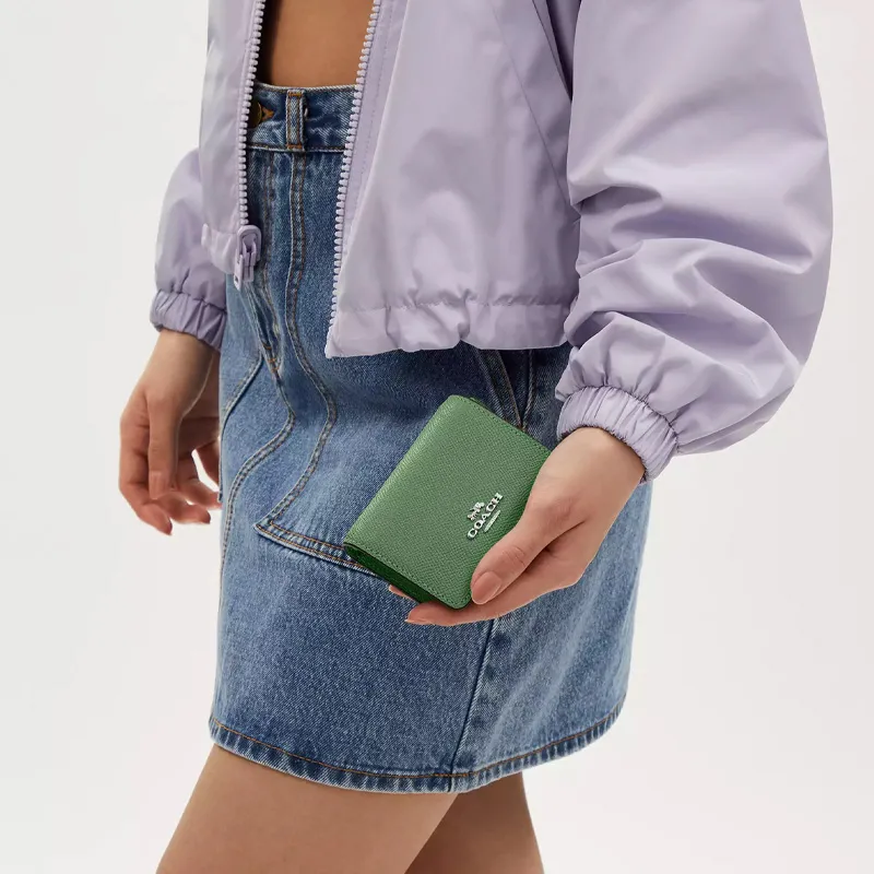 COACH Cross Grain Leather Wallet, Shoulder Bag, Crossbody Bag Mini Women's Silver & Light Green-4