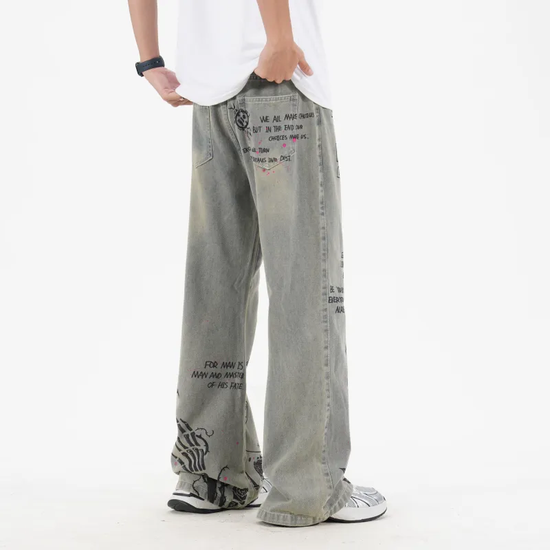 DNBH Hand drawn Doodle Series Jeans Unisex Yellow Mud-2