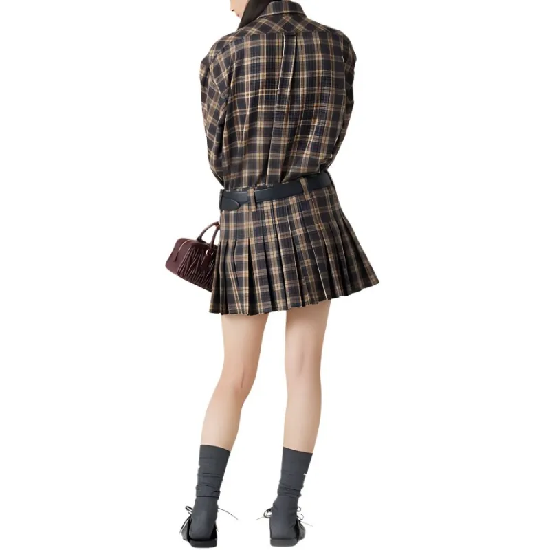 MIU MIU Logo-Embroidered Pleated Tartan Mini Skirt-2