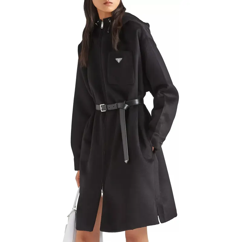PRADA Logo Plaque Zipped Hooded Coat-2