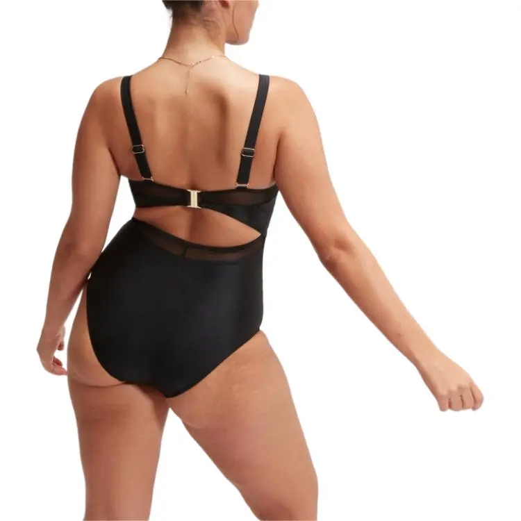 Speedo Shaping Mesh Detail Swimsuit Blue One-piece Swimsuit Women's Black-2