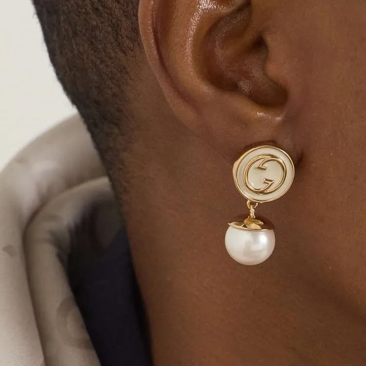 GUCCI Artificial Pearl Enamel Metal Earrings Women's Gold-1