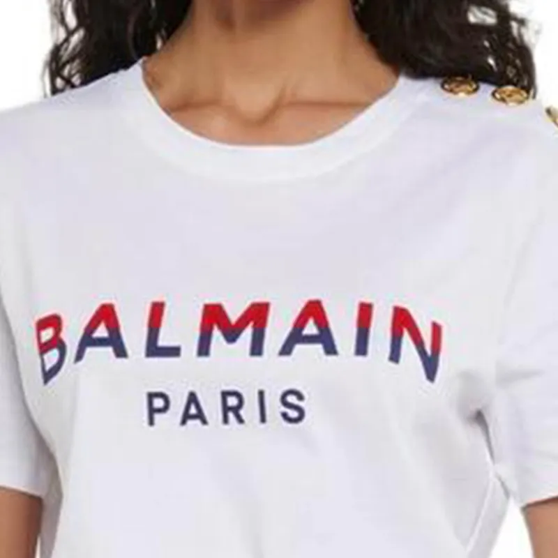 BALMAIN Button embellished Logo print T shirt-5