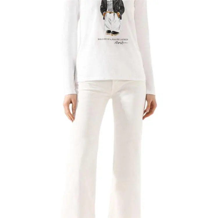 Polo Ralph Lauren Bear Pattern Crew Neck Long Sleeved T Shirt Regular T Shirt Women's White-4