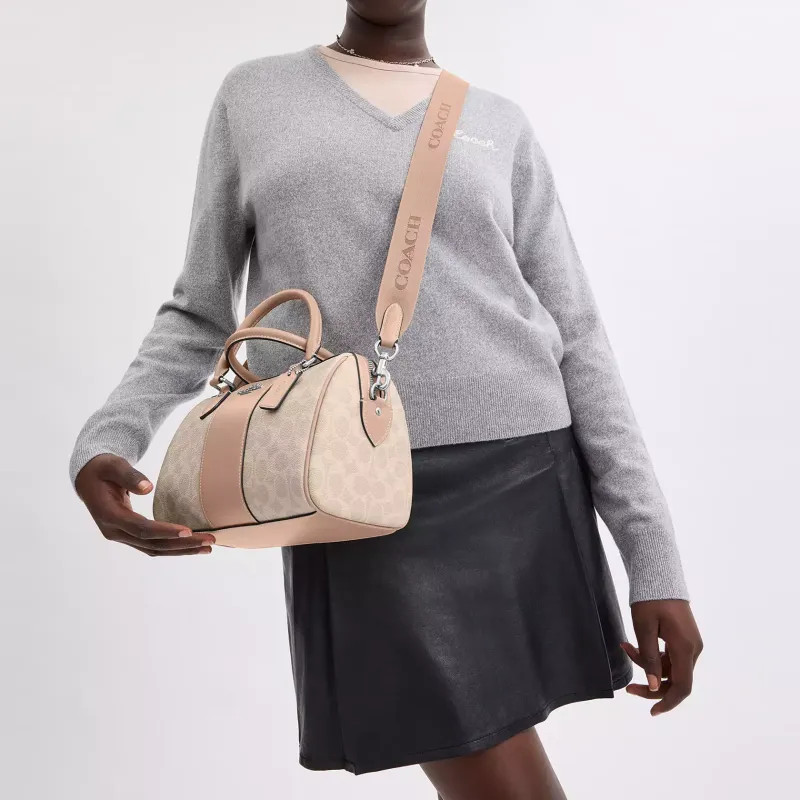 COACH Rowan Coated Canvas Shoulder Bag, Crossbody Bag, Handbag Women's Silver & Sand & Taupe-3