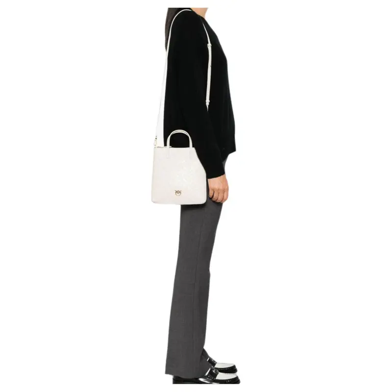 PINKO Cow Leather Tote Bag, Shopping Bag, Shoulder Bag, Crossbody Bag, Handbag Trumpets Women's Ecru-4