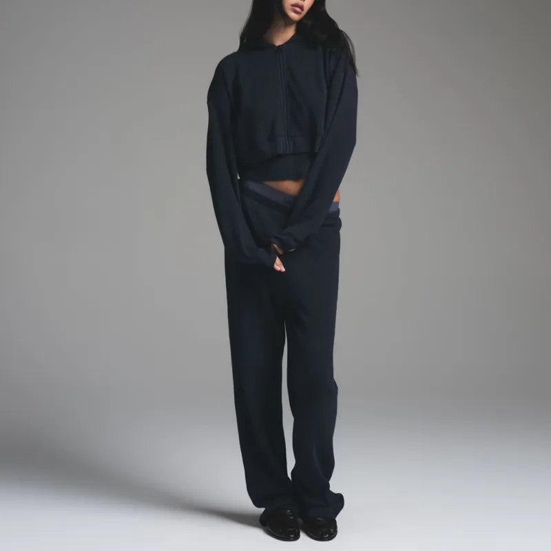 SKIMS FW24 HEAVY WAFFLE CROPPED ZIP UP HOODIE Sweatshirt Women's NAVY/Marine Blue-1