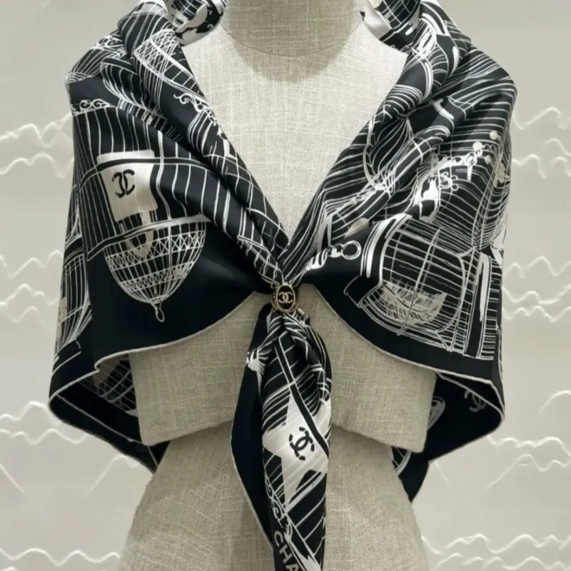 CHANEL Twill Silk Scarves Unisex Light Pink/Pink/Black-4