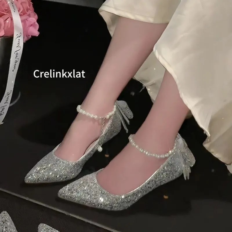 Crelinkxlat French Fairy Soft Pointed Toe Elegance Evening Princess Crystal Slim Heel High Heels Women's-19