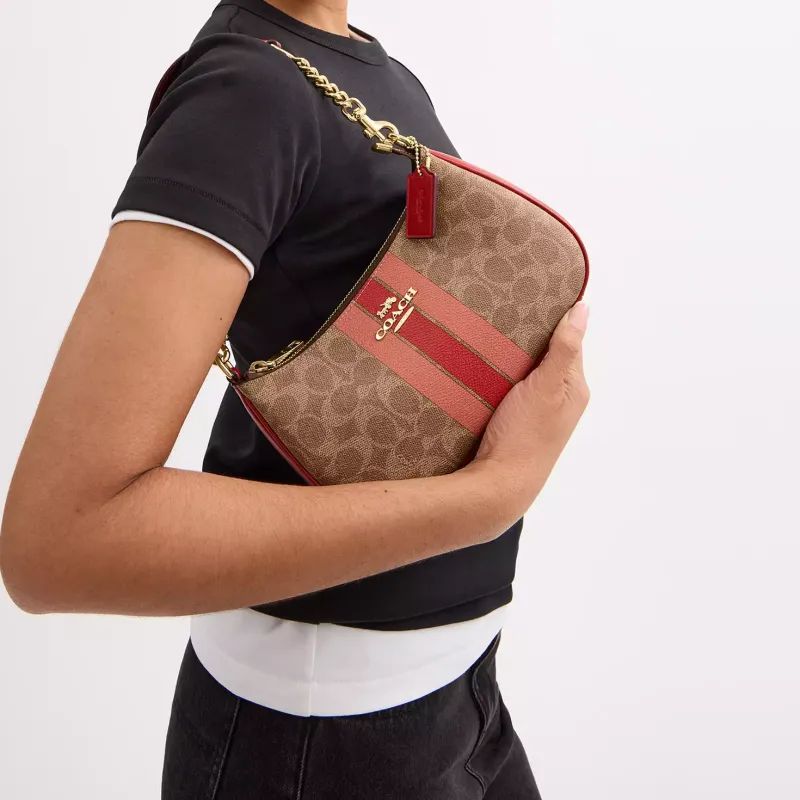 COACH Teri Coated Canvas Handbag, Shoulder Bag Medium Size Women's Brown & Red-5